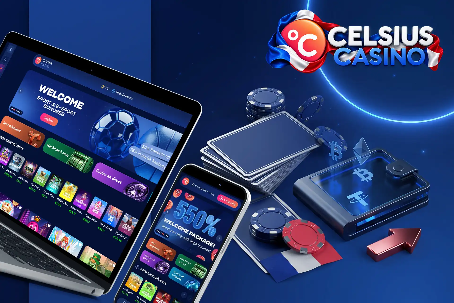 Plateforme de jeux en ligne Celsius Casino en France, montrant le bonus de bienvenue sur ordinateur et smartphone avec des jetons et des crypto-monnaies